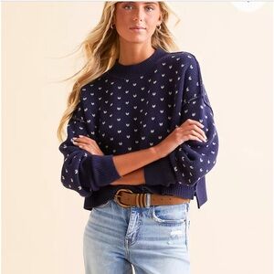 Free People Easy Street Cropped Navy Printed Knit Boxy Sweater